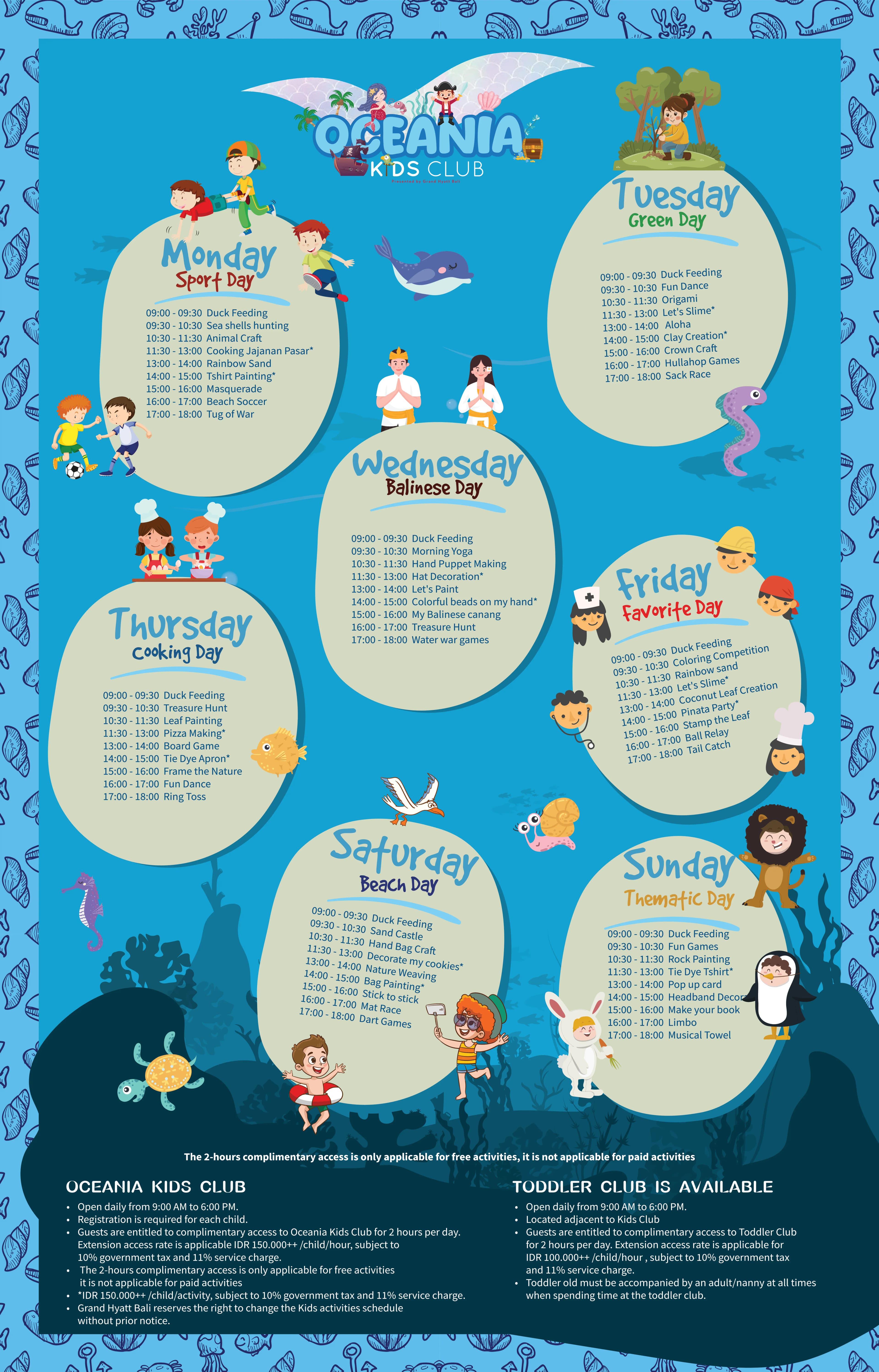 Oceania Kids Club weekly activity schedule at Grand Hyatt Bali